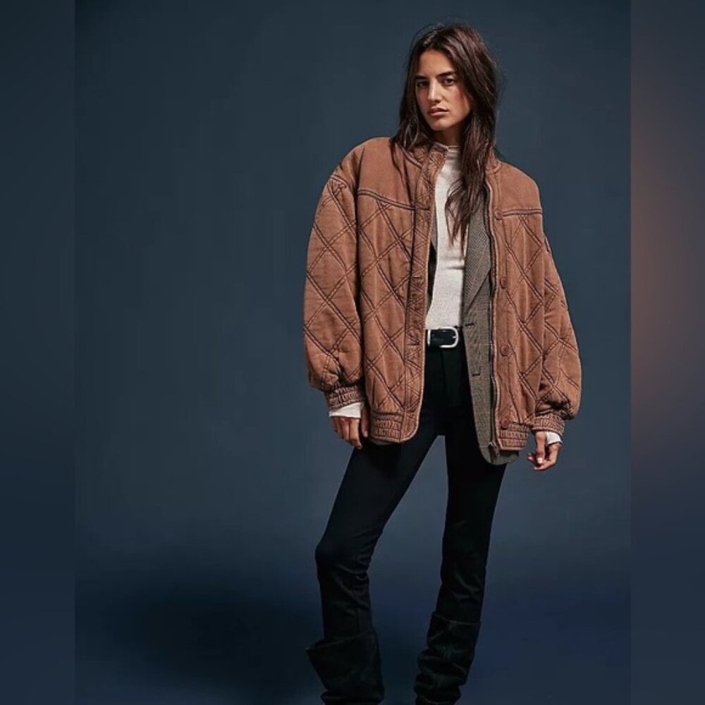 Free People Quilted Brown Bomber Jacket